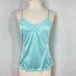 Vintage Y2K Mint Green Tank Top Cami Lingerie Lace Trim Layering Coquette Medium